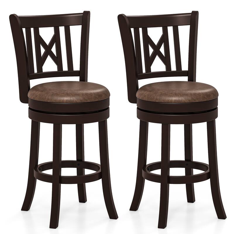 Gymax Set of 2 Bar Stools 26'' Swivel Bar Chairs w/ Footrest Hollowed - Counter Height - Brown - Set of 2