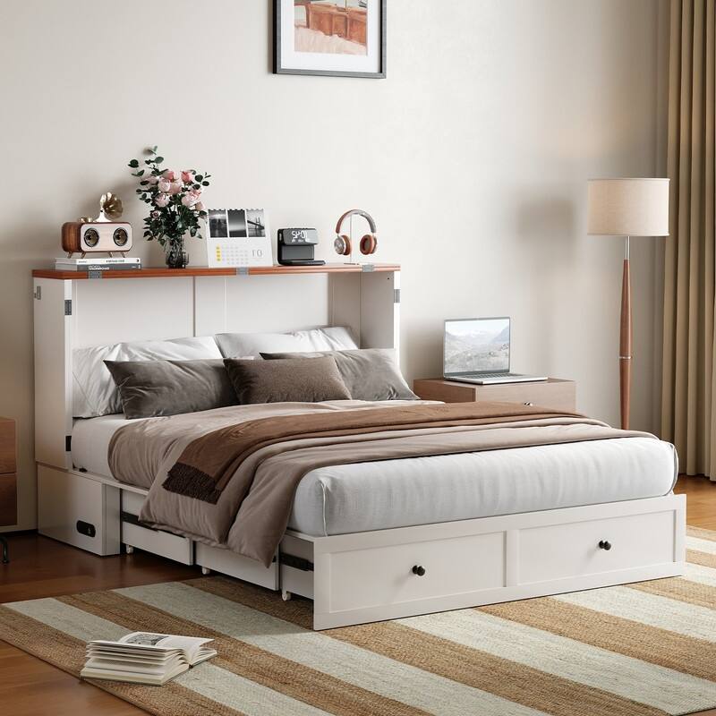 Mixoy Modern Full/Queen Size Murphy Bed Chest with Mattress and Storage