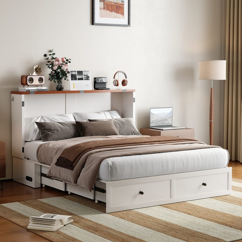 Mixoy Modern Full/Queen Size Murphy Bed Chest with USB and Storage,No Mattress
