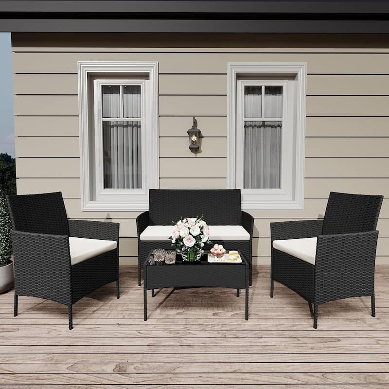 4 Pieces Rattan Wicker Chairs with Glass Coffee Table
