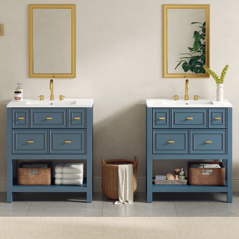 60'' Bathroom Vanity With Ceramic Sink Combo, Free Standing Single Vanity Set With 5 Drawers,Solid Wood FrameStorage Cabinet - Blue