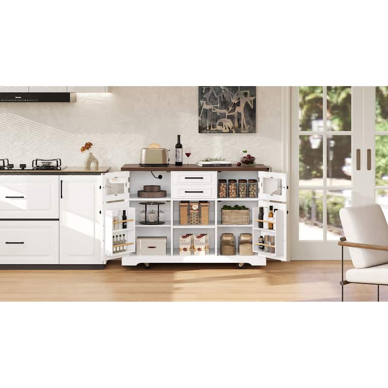Kitchen Island with Drop Leaf, Power Outlet and 4 Door Shelves