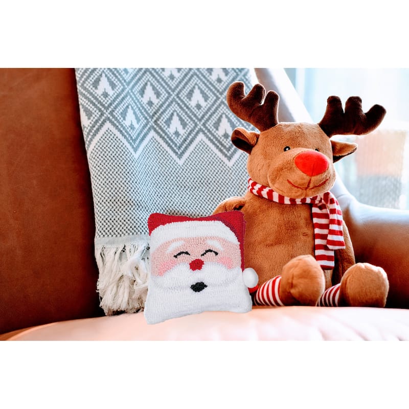 8" x 8" Happy Santa Hooked Petite Christmas Holiday Throw Pillow