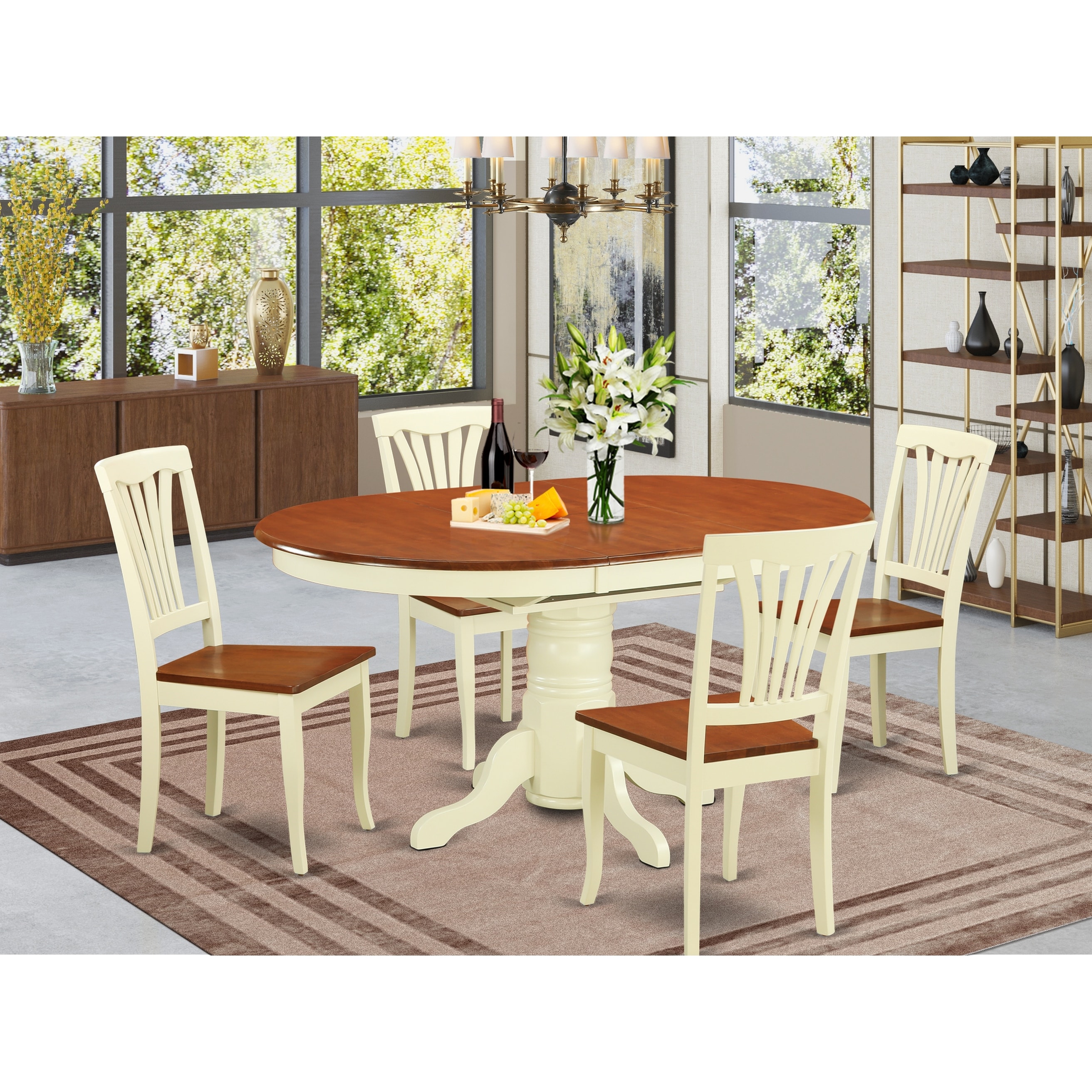 5 Piece Dining Room Table Set Oval Dining Table With A Leaf And 4 Dining Chairs Buttermilk And Cherry Finish Overstock 10296447