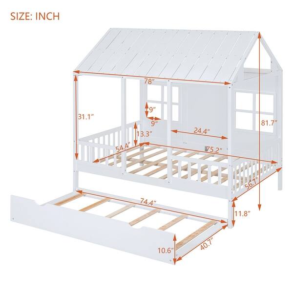 Full Size Playhouse Platform Bed with Trundle,Solid Wood House Shaped Bed Frame with Window and Roof,White