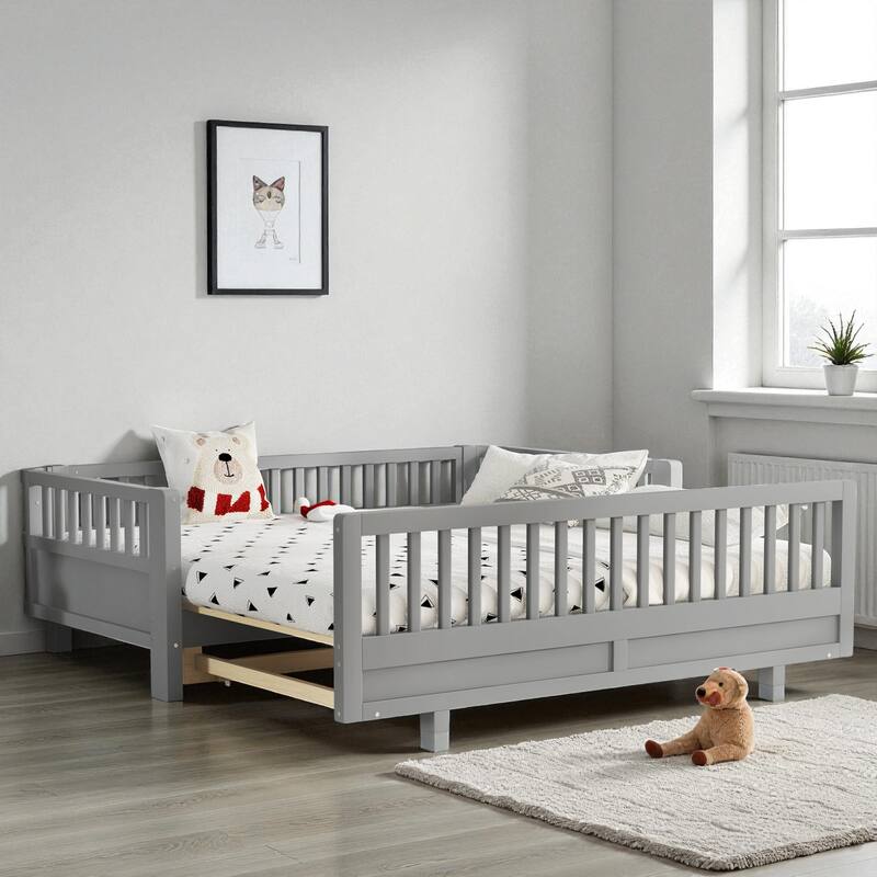Convertible Twin/Twin XL Solid Wood Platform Bed with Guardrails, Expands to Double Twin or Queen Size, Durable Frame