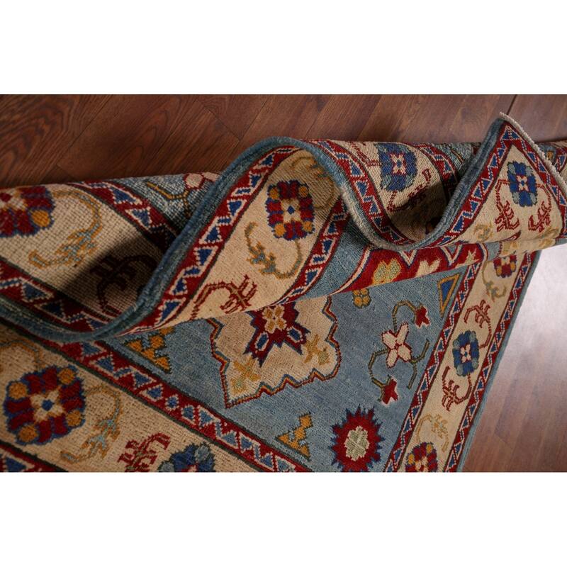 Light Blue Geometric Kazak Oriental Accent Rug Handmade Wool Carpet - 3'6" x 4'11"