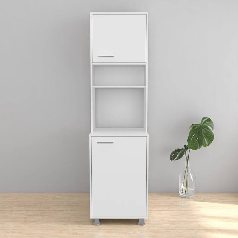 Freestanding White Pantry Cabinet with Open Center Shelf, Upper & Lower Doors, Compact Kitchen Storage