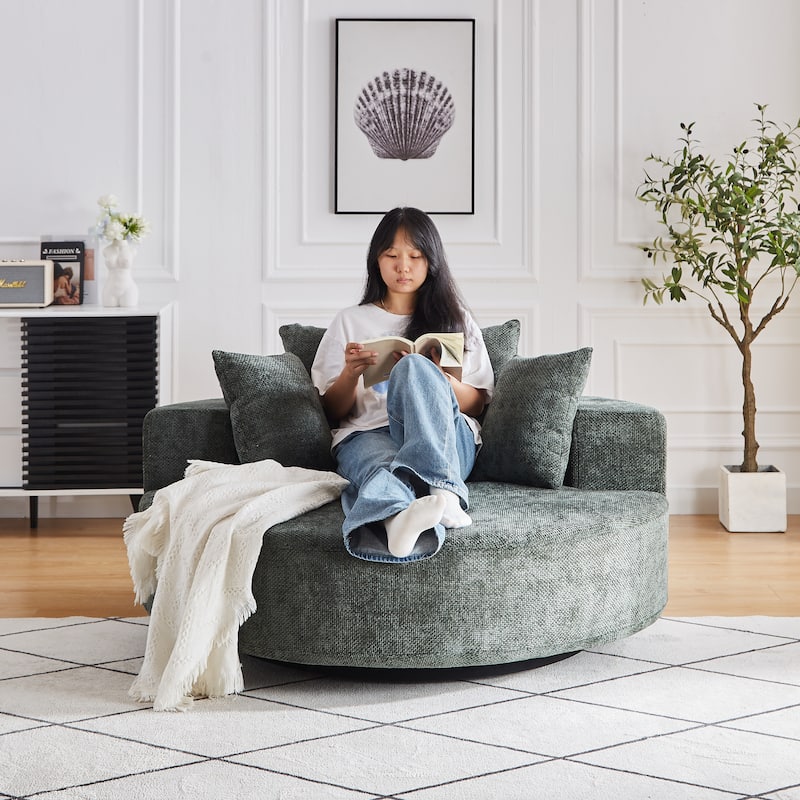 360° Swivel Sofa Chair Chenille Round Single Chaise Lounge with Cylindrical Neck Pillow and Integrated Backrest for Living Room
