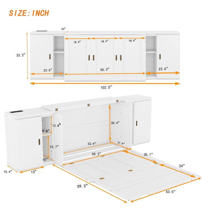Full Size Multi-function Murphy Bed w/ USB Ports,Cabinets and Shelves