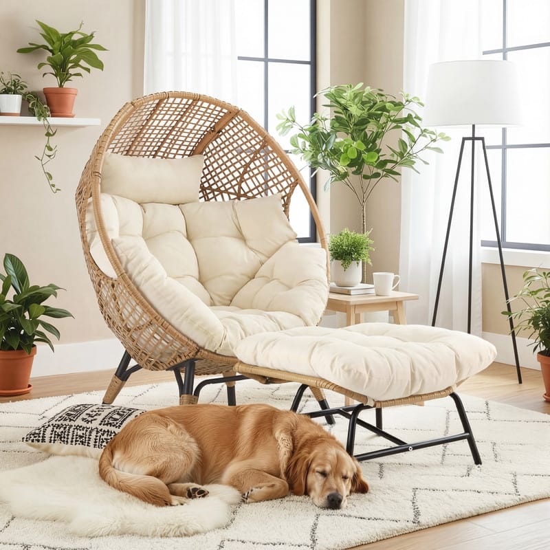 Wicker Egg Chair with Ottoman, 6.5" Cushions, 440 lb Capacity, Indoor/Outdoor Lounge Chair