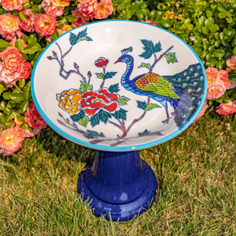 15 Inch Tall Porcelain Pedestal Birdbath - 13"x13"x15"