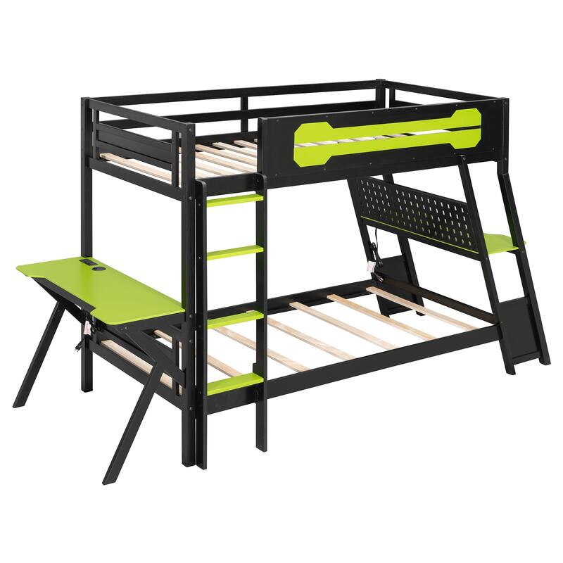 Roomfitters Twin Bunk Bed with Two Built-In Gaming Desks, USB Ports and Pegboard