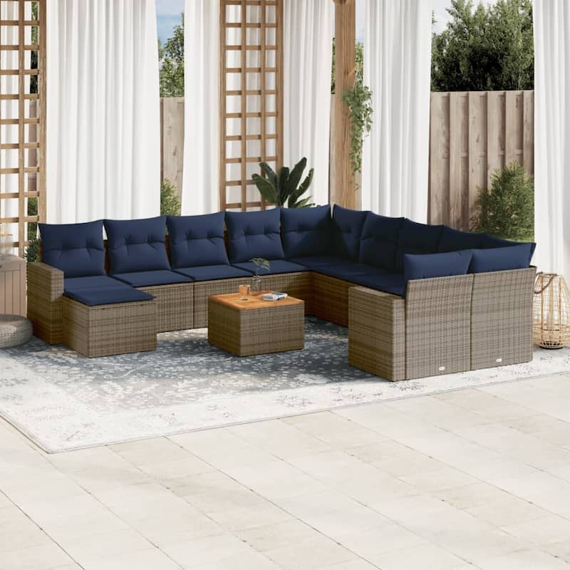 vidaXL 12 Piece Patio Sofa Set with Cushions Grey Poly Rattan - 24.4" x 24.4" x 27.2" - Grey