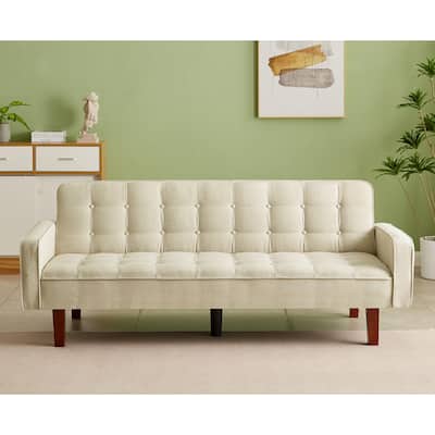 Linen Futon Sofa Bed with Square Arm and Solid Wood Legs