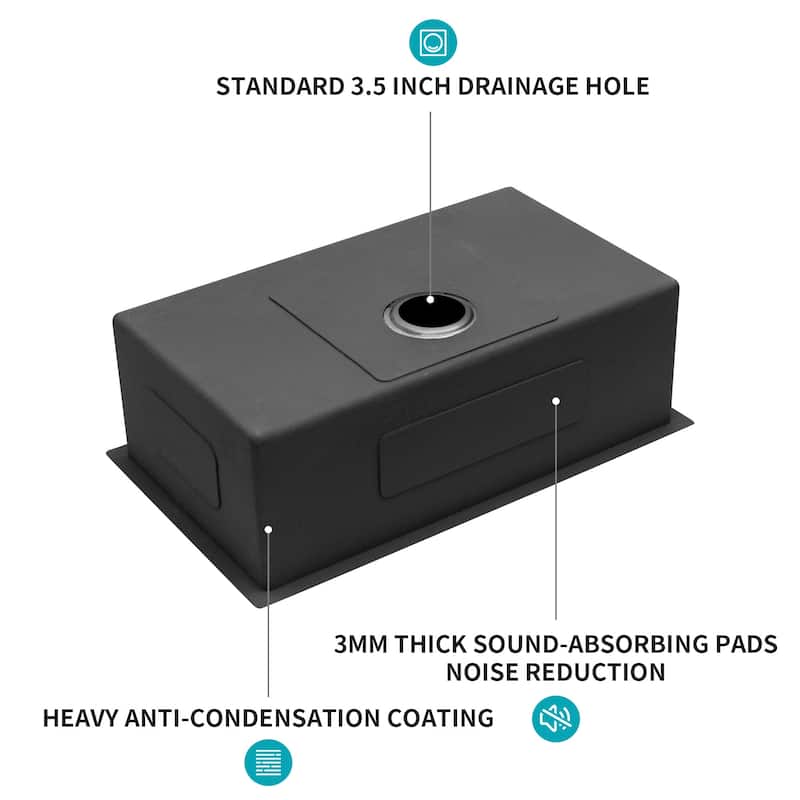 30 Inch Undermount 16 Gauge Single Bowl Stainless Steel Kitchen Sink in Gunmetal Black - 30'' x 18'' x 10''