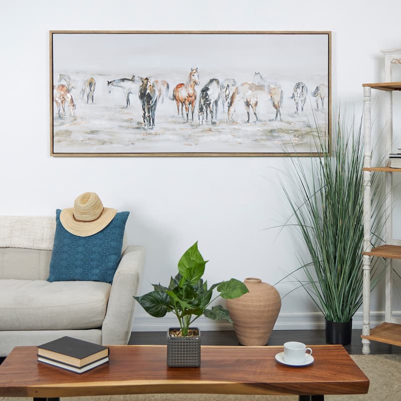 Canvas Horse Wall Art with Wooden Frame and Gold Foil Accents - Brown - Roche River Decor