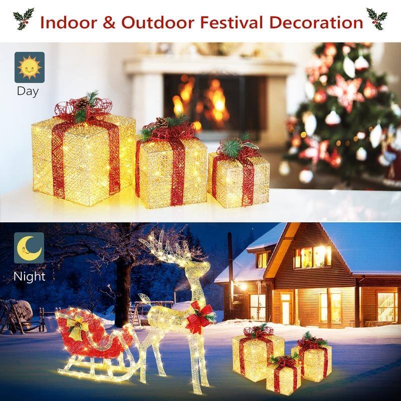 3pcs LED Golden Gift Box Decoration - Gold
