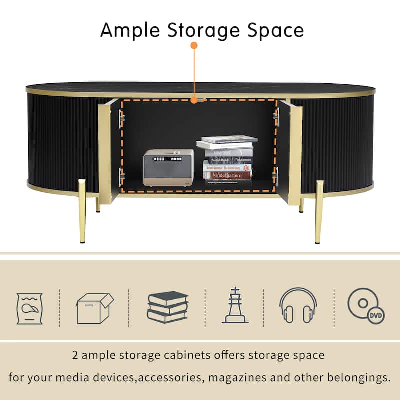 47.2" Modern Oval Coffee Table with Marble-patterned Top and 2 Cabinets