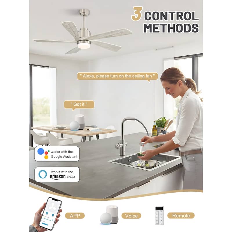 Sofucor 52 inch Solid Wood Flush Mount Ceiling Fan with Lights and Remote, Compatible with Alexa/Google/App, Quiet DC Motor