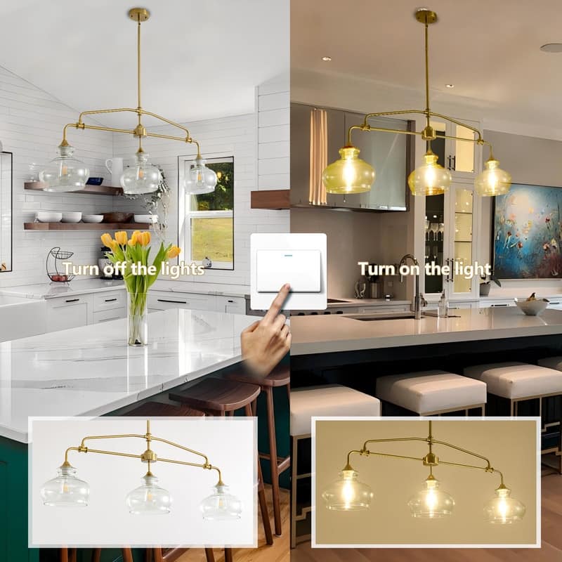 Brass Kitchen Island Light Linear Hanging Chandeliers Dining Room Light Fixture with Clear Glass Shades