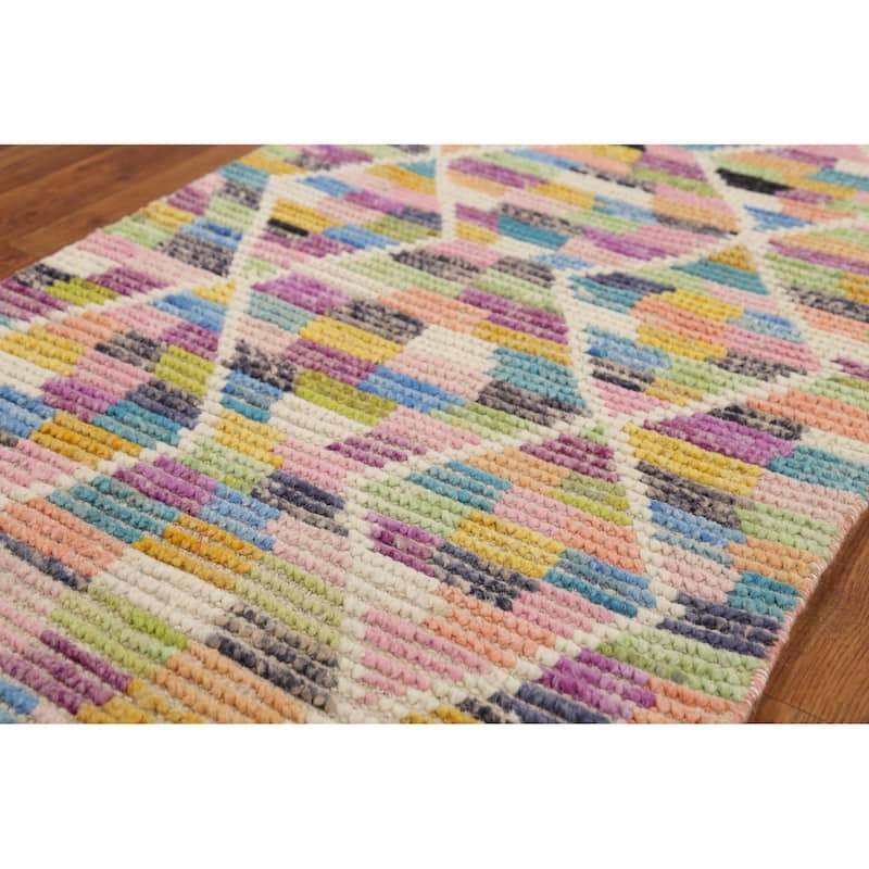 Trellis Striped Moroccan Oriental Runner Rug Handmade Wool Carpet - 2'4"x 12'9"