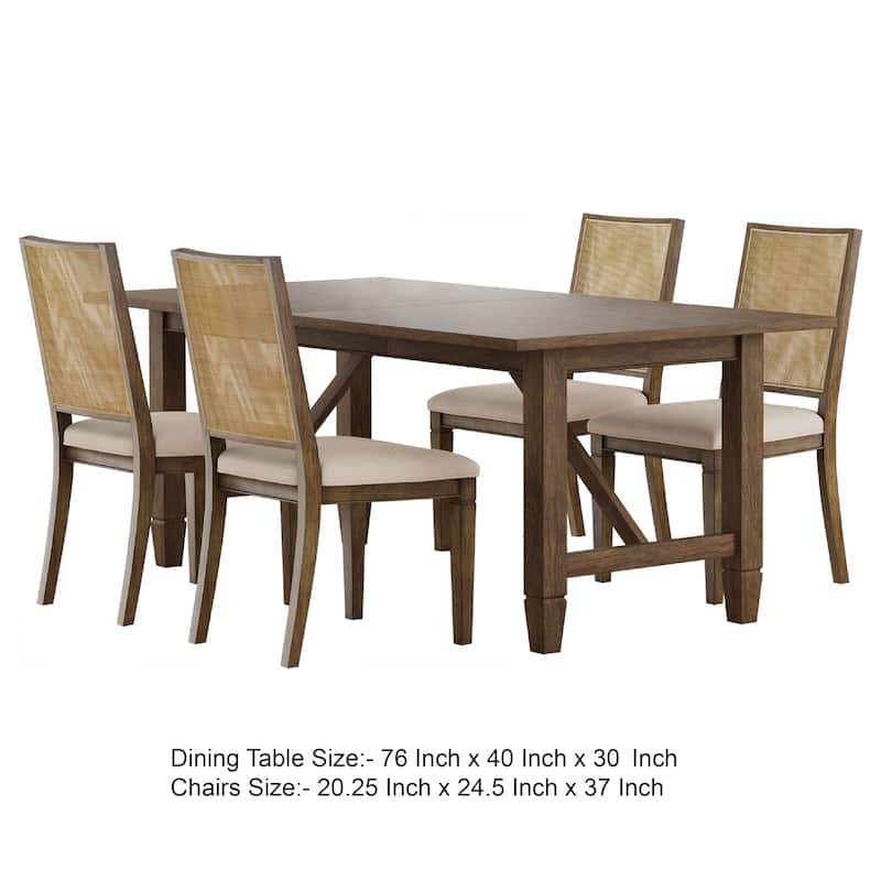 Andy 5pc Dining Table Set, Cane Rattan Back, Brown Wood, Beige Fabric