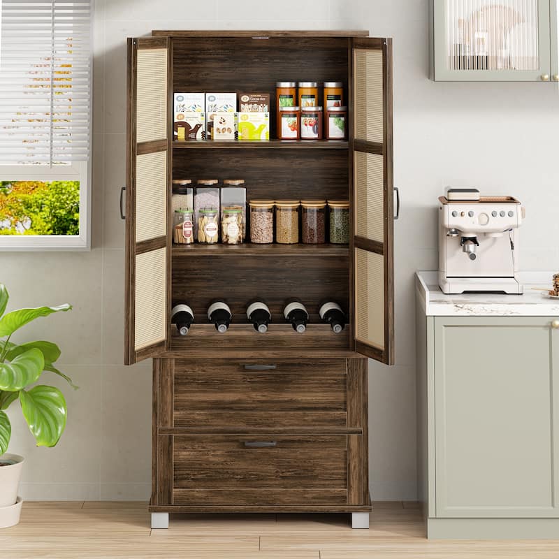 Rattan Door Pantry Storage Cabinet with Wine Rack - Freestanding Storage Organizer with Anti-Tip