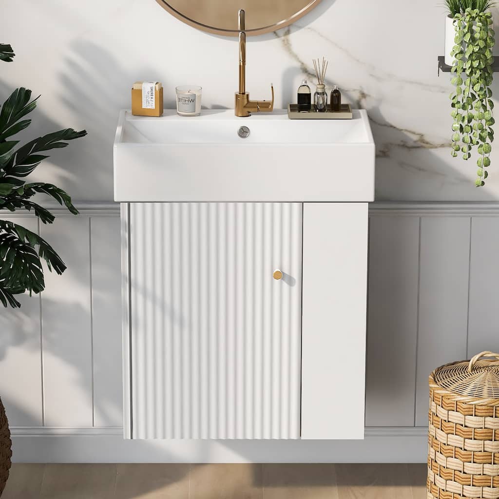 Roomfitters 21.6" Floating Bathroom Vanity with Ceramic Sink, Modern Wall-Mount Cabinet with Right/Left Side Storage, White