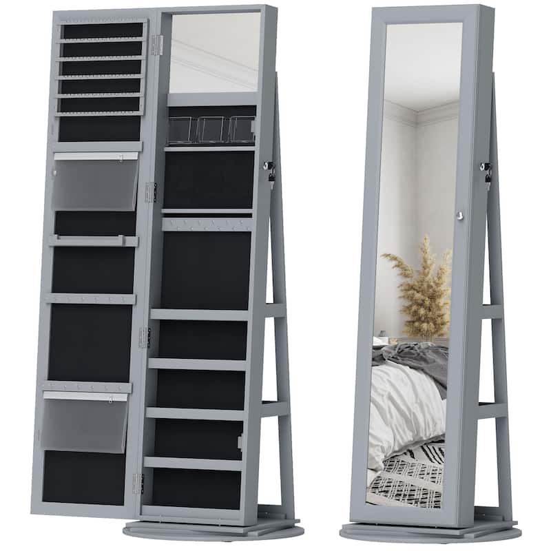 HOMCOM 360° Swivel Jewelry Cabinet, Lockable Jewelry Armoire Organizer with Full-Length Mirror for Bedroom Living Room - Grey