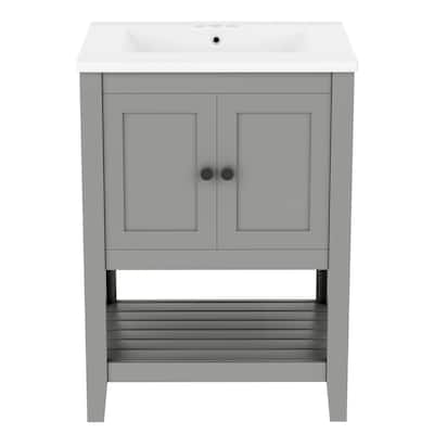 24-inch Grey Bathroom Vanity with Half-Moon Ceramic Sink and Open Shelf, Solid Wood Frame