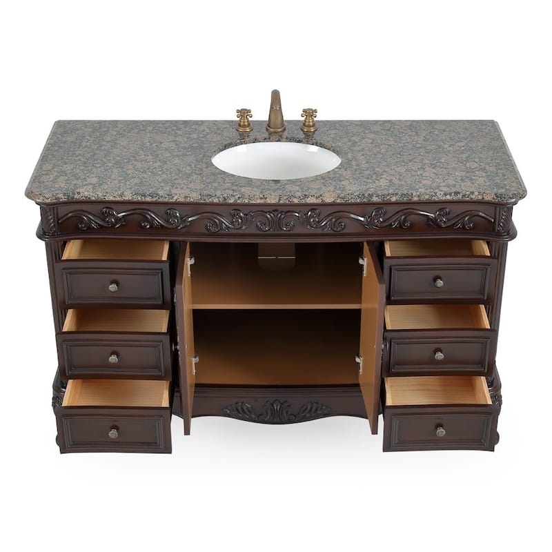 Benton Collection 56 inch Traditional Style Bathroom Sink Vanity With Baltic Brown Top