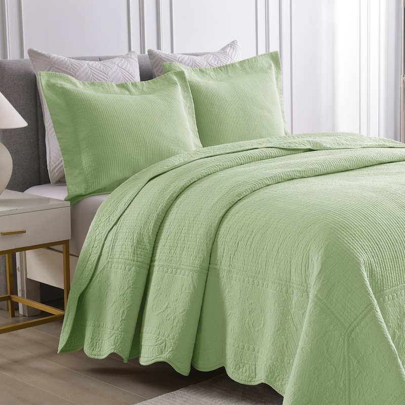 MarCielo 3 Piece Embroidered 100% Cotton Oversized Quilt Bedspread Set TG