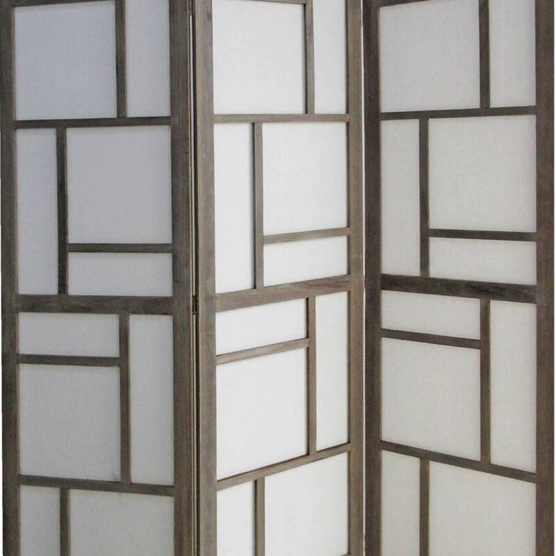 Contemporary 3 Panel Wooden Screen with Geometrical Designs, Gray