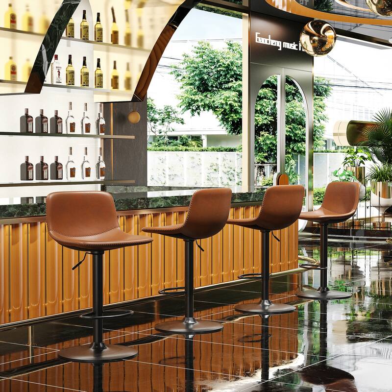 Set of 2 Industrial Adjustable Swivel Bar Stools, PU Leather with Footrest - Mid-Century Kitchen Island Stools