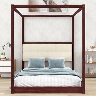 Queen Size Wooden Canopy Platform Bed with Upholstered Headboard