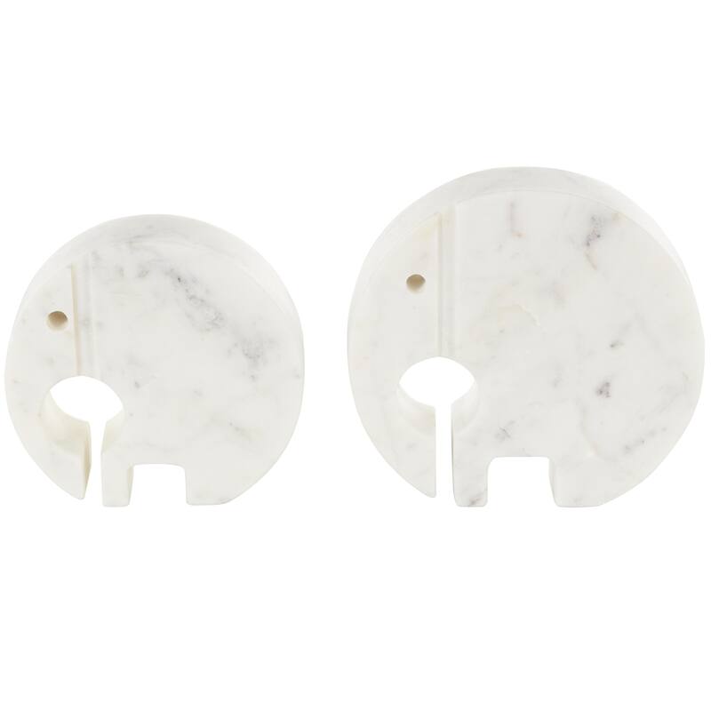 White Marble Circular Abstract Elephant Decorative Sculpture with Gray Marble Veins and Cutouts (Set of 2)