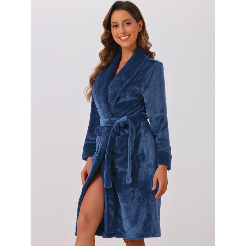 Women's Flannel Bathrobe Plush Soft Robe Fluffy Long Spa Robe - Navy Blue - XXL