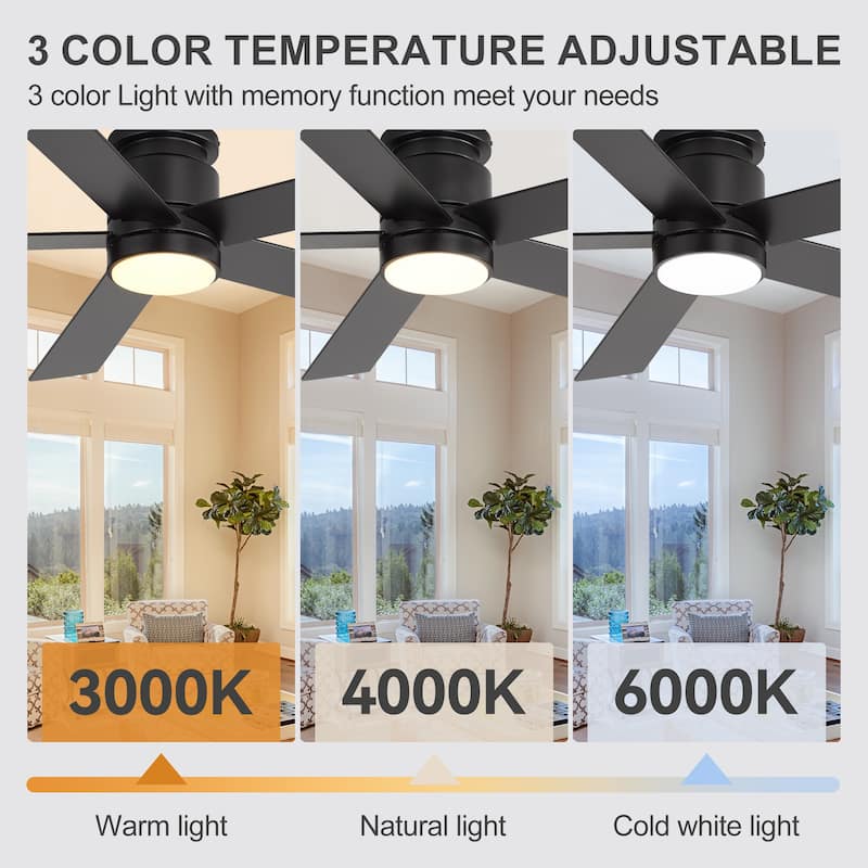 42"/52" Modern Black Flush Mount Ceiling Fan with LED Light and Remote