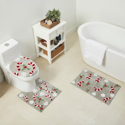 Christmas Candy Cane Bath Rug Set w Lid Cover