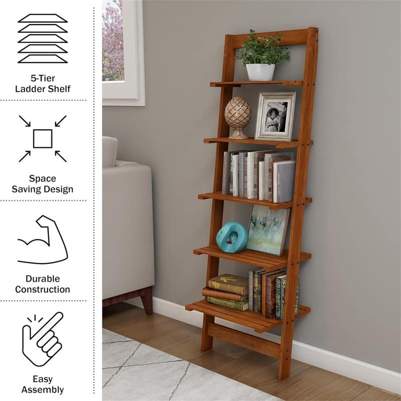 5 Tier Bookshelf Leaning Ladder Shelf Decorative Book Shelves for Bedroom - 11.5"D x 16.25"W x 50"H