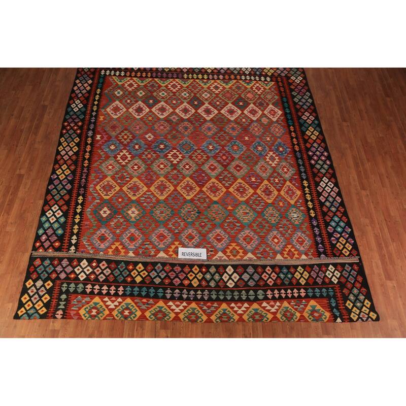 Reversable Kilim Oriental Area Rug Hand-Woven Orange Wool Carpet - 9'11"x 13'0"