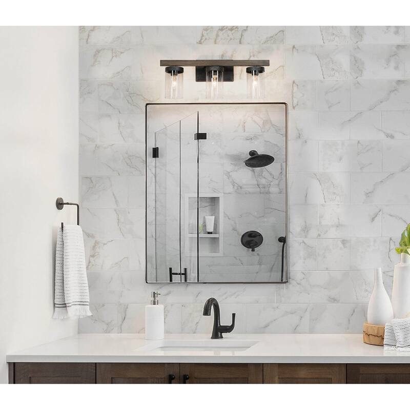 Fora Modern Farmhouse Glass 3-Light Bathroom Vanity Light Wood Grain Wall Sconce - Grey - L21.7'' * W5.5'' * H8.5''