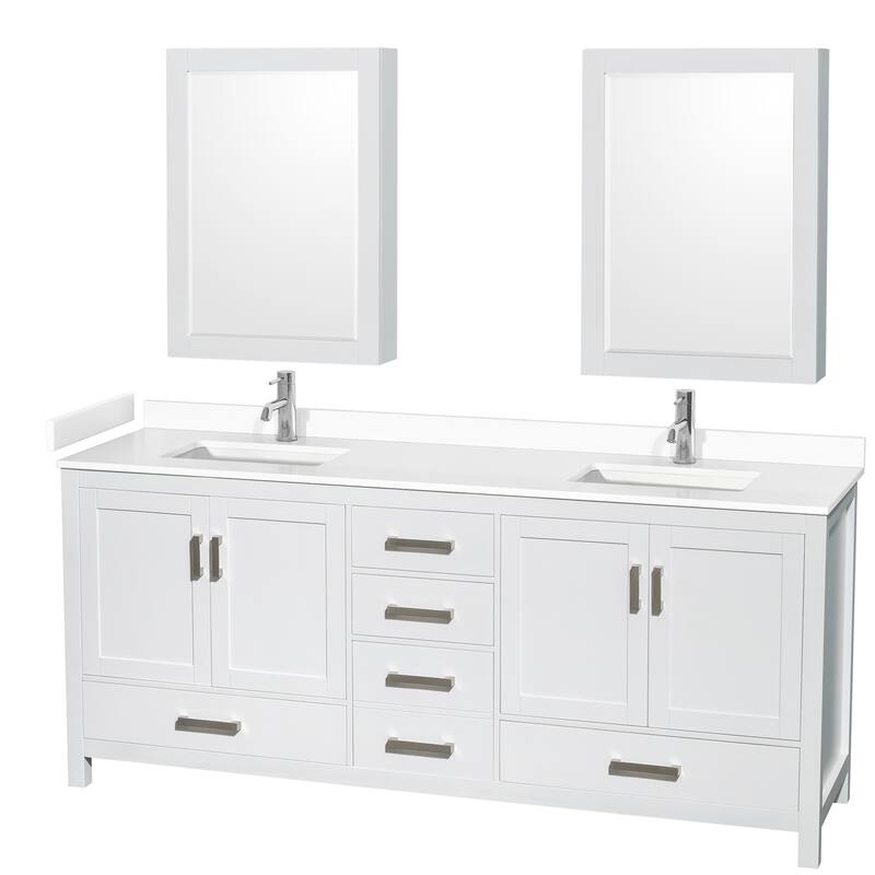 Sheffield Double Bathroom Vanity Set, Cultured Top, Medicine Cabinets - 80-Inch Double - White, White Cultured Marble Top, Chrome Trim