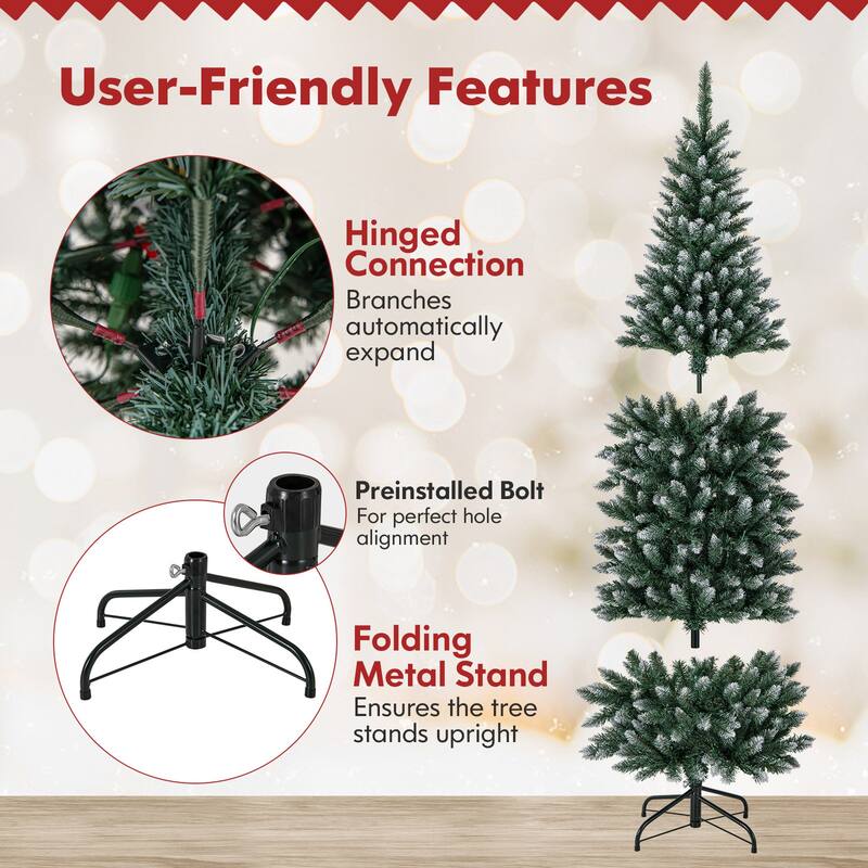Costway 6FT/9FT Pre-Lit Christmas Tree Hinged Slim Pencil Xmas with