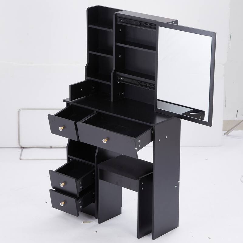 29.2" Small Space Left Drawer Desktop Vanity Table + Cushioned Stool, Extra Large Right sliding mirror
