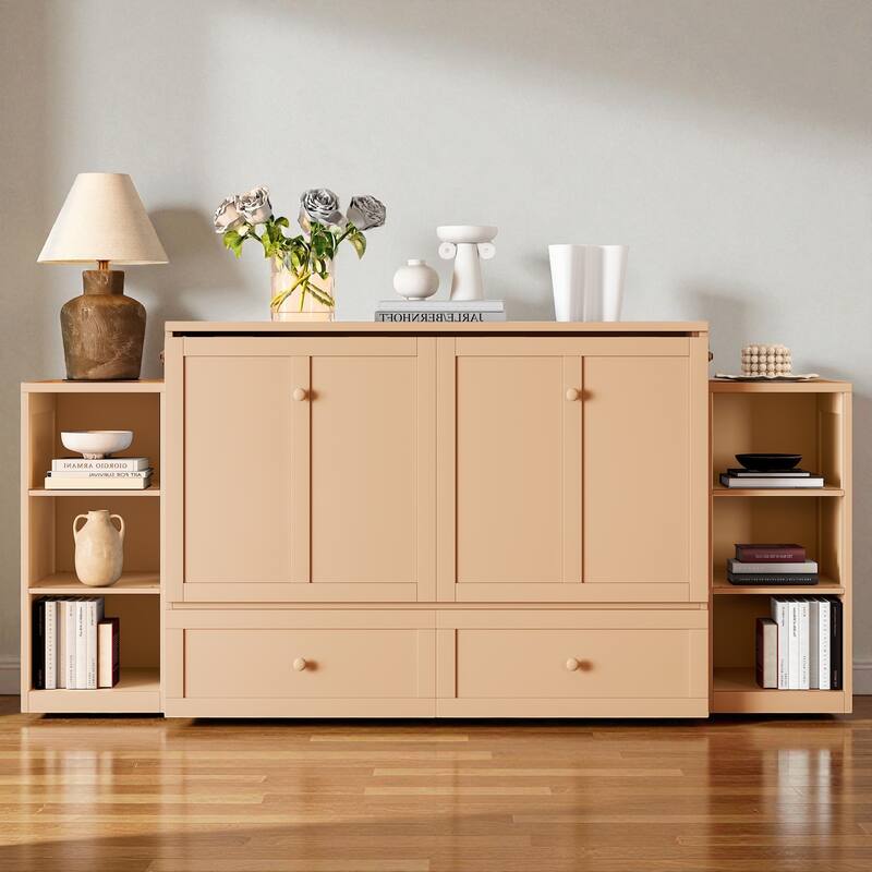 Full/Queen Size Murphy Bed with Storage Drawers and Shelves, Space-Saving Foldable Wall Bed for Guest Room - Golden - Full