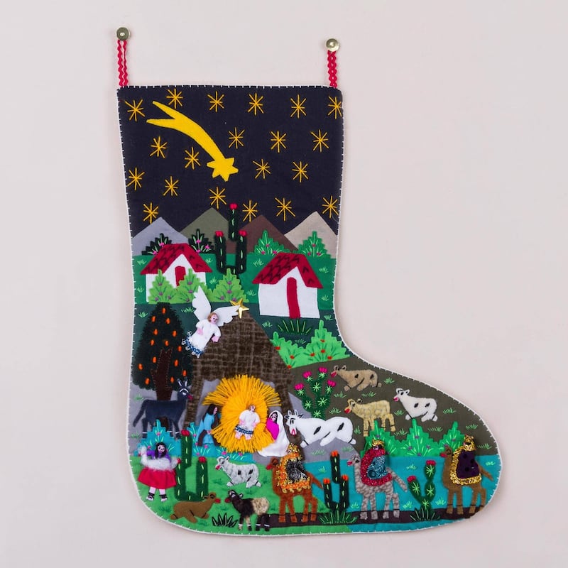 Handmade Village Nativity Applique Christmas stocking (Peru) - 31 x 20 x 4