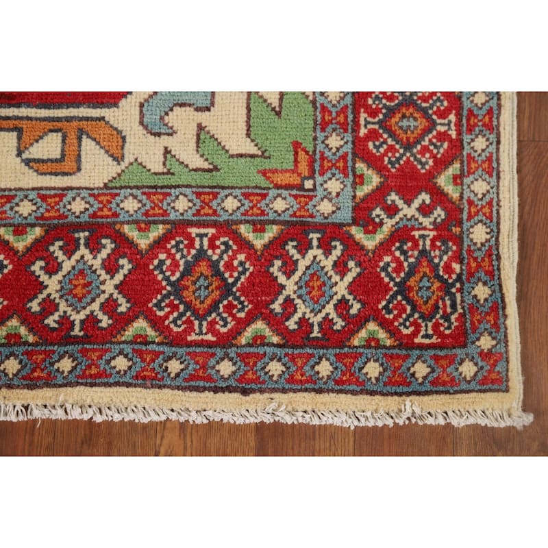 Geometric Kazak Runner Rug Hand-Knotted Wool Carpet - 3'3" x 7'2"