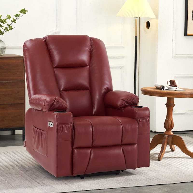 MCombo Large Lift Recliner Chair with Massage and Heat for Elderly, Extended Footrest, Cup Holders, USB Ports, Faux Leather 7539